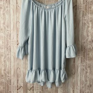 Terra & Sky Womens  2X(20W-22W) Blue Jeans Color Ruffle Blouse 3/4 Bell Sleeve